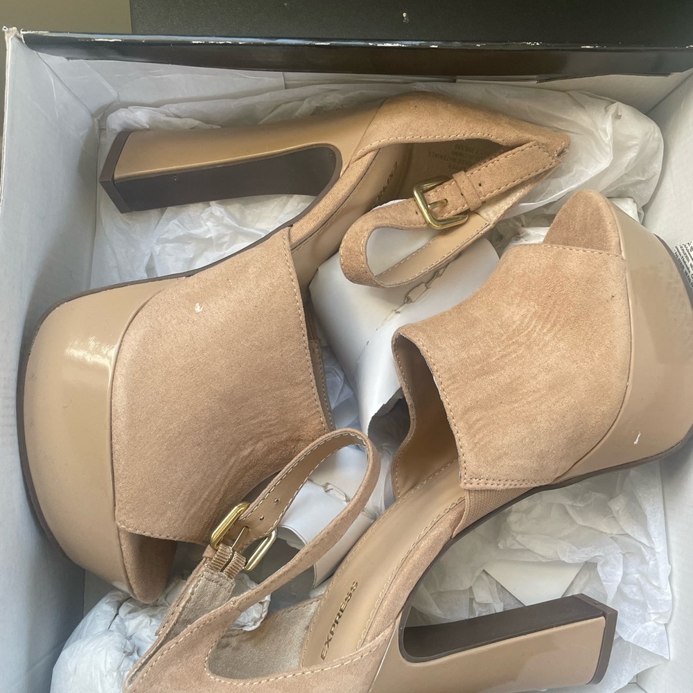 Express Tan Size 10 Faux Suede Open Toe Strap Heels